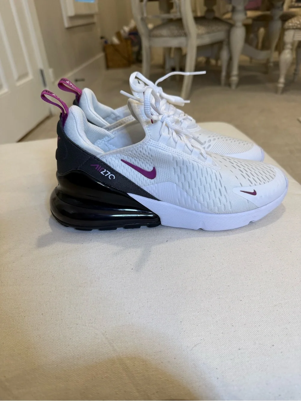 Nike Women's White Sneakers with Pink Swoosh